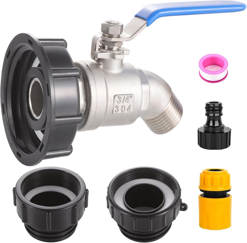 CbeeSo 3-Size IBC Tote Adapter, 275-330 Gallon IBC Tote Adapter 2.44" Fine, 2" Fine and 2" Coarse Thread + 304 Stainless Steel 3/4" Garden Hose Faucet for Garden Hose Connectors - Image 1
